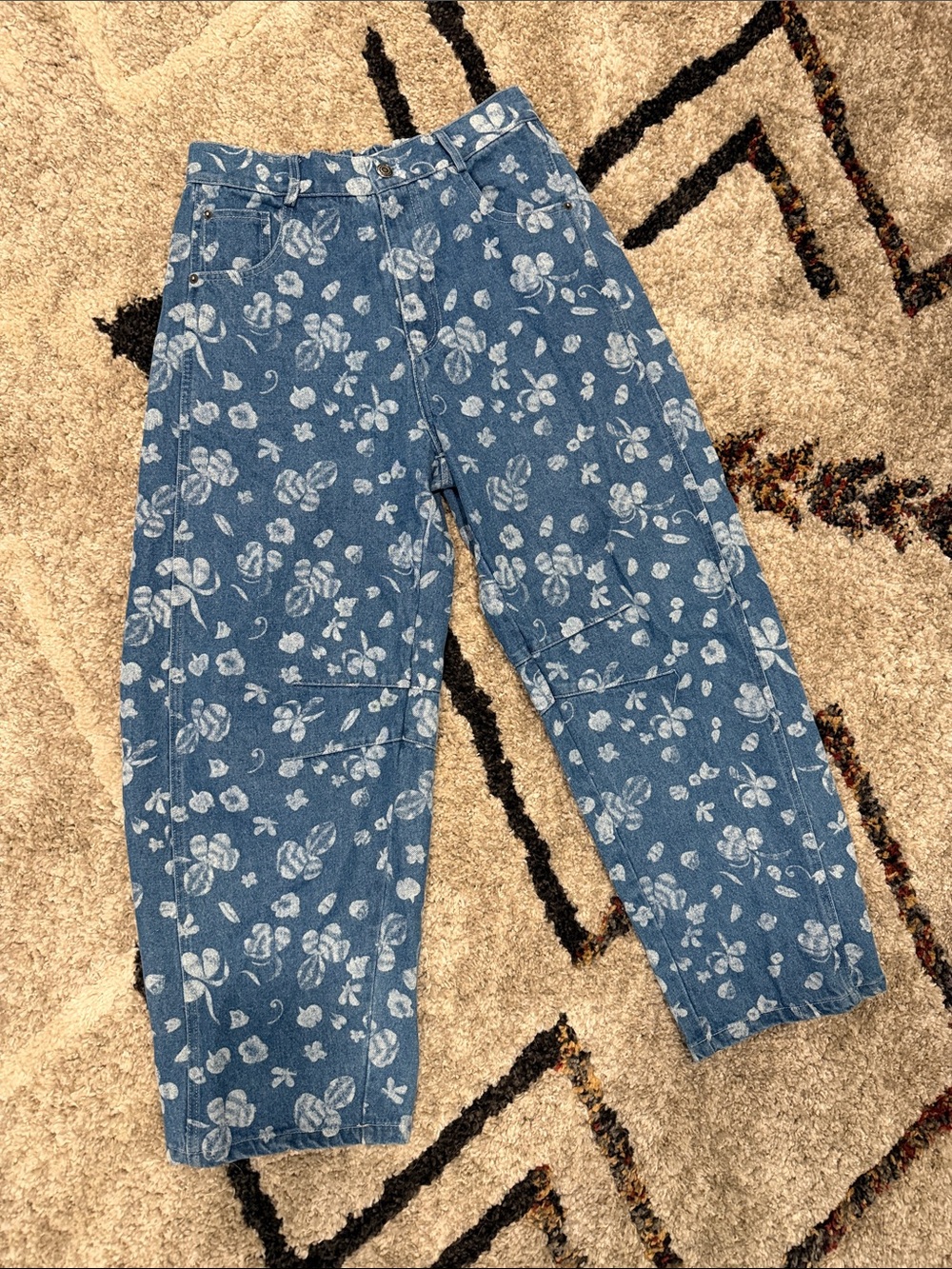 Floral Print Blue Denim Barrel Jeans